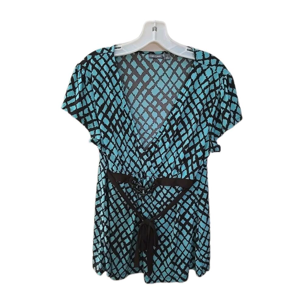 Apt 9 Y2K Teal V-Neck‎ Chain Link Short Sleeve Preppy Casual Top Womans Sz Large